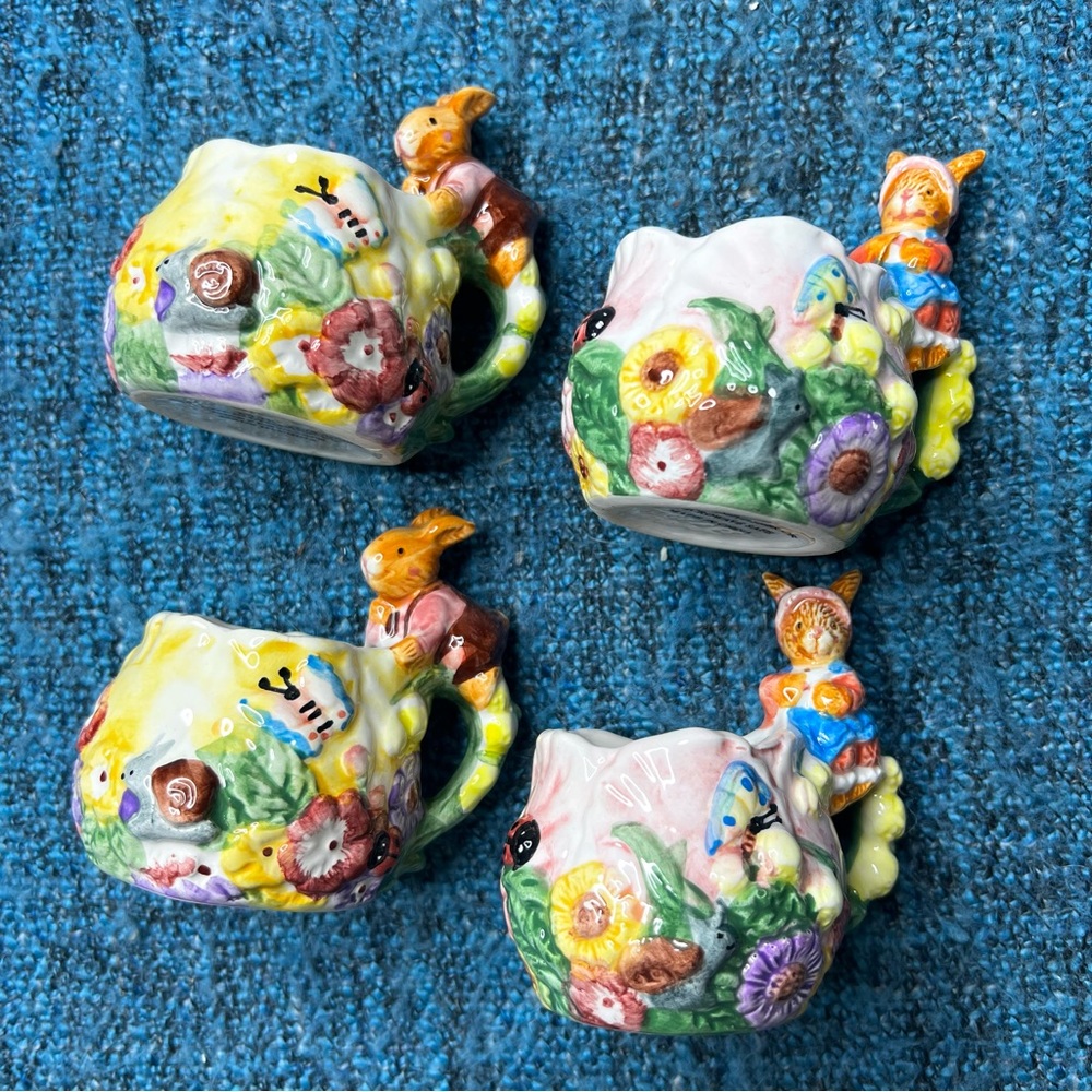 Vintage Merc Asia 1999 Garden Party Ceramic Tea Cups Bunny Rabbit Floral